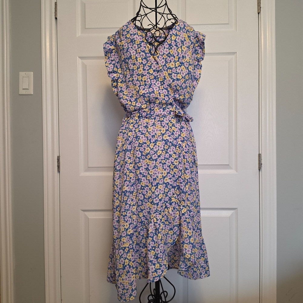 Monteau Los Angeles Purple Flora Midi Dress Wrap Style Large